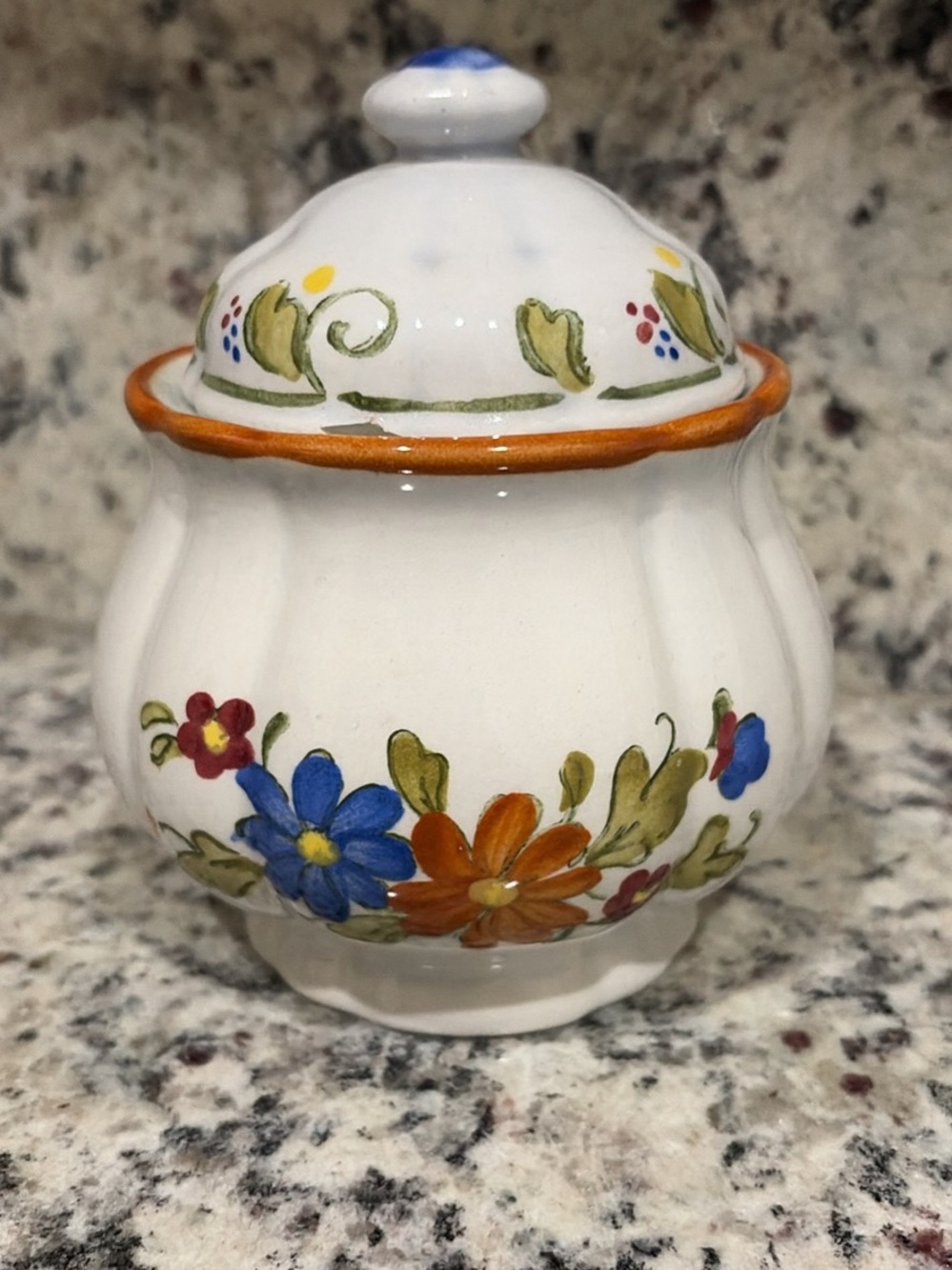 Hand-Painted Floral Ceramic Sugar Jar - White with Blue & Orange Flowers